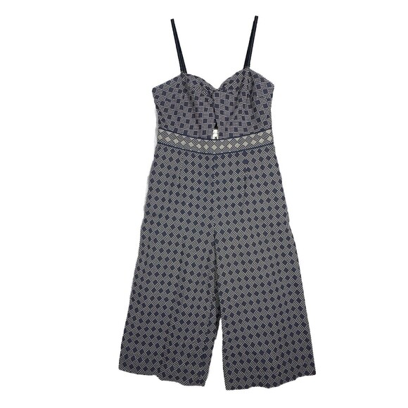 Anthro Elevenses Jumpsuit Women 2 Petite Blue White Geometric Remy Crop Wide Leg - Picture 1 of 11